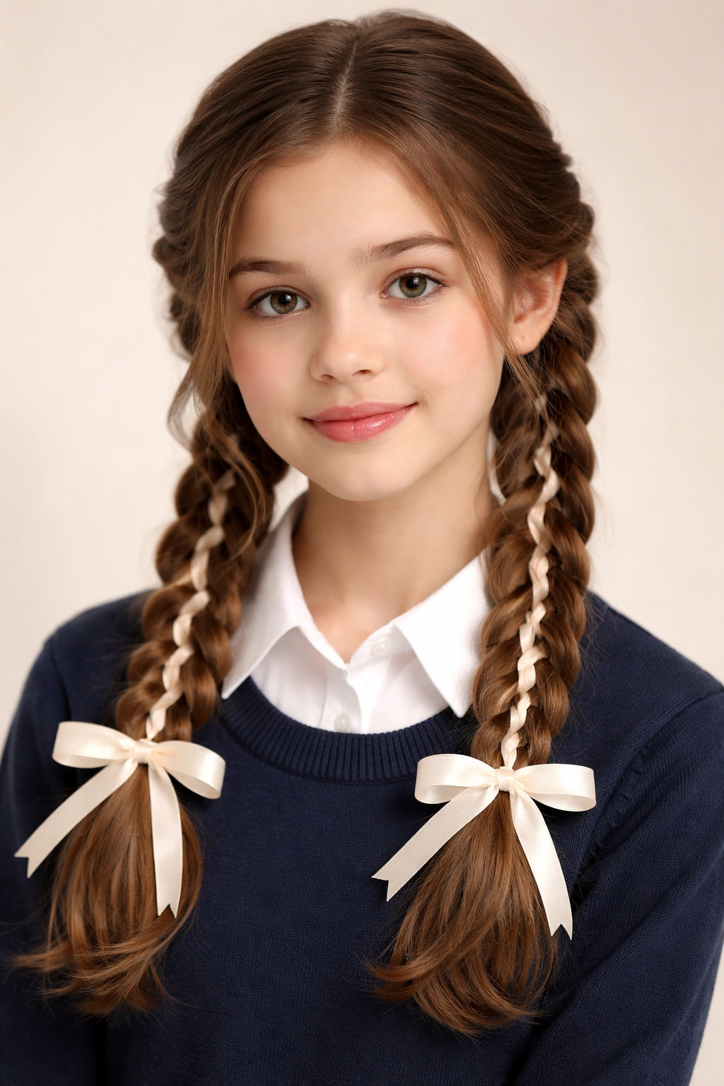 Two side braids with ribbons woven through and bows at the ends