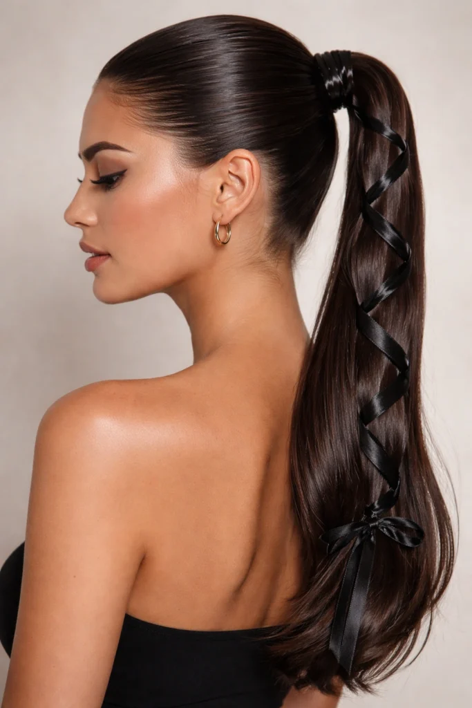 Ponytail tied with ribbon easy hairstyle
