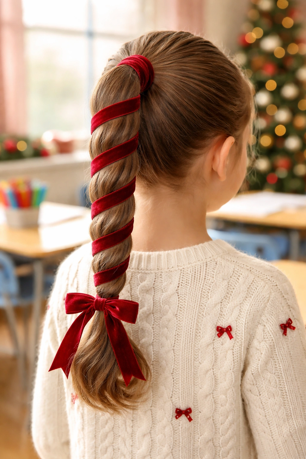 Close-up of ribbon-wrapped ponytail with red velvet ribbon in a school setting