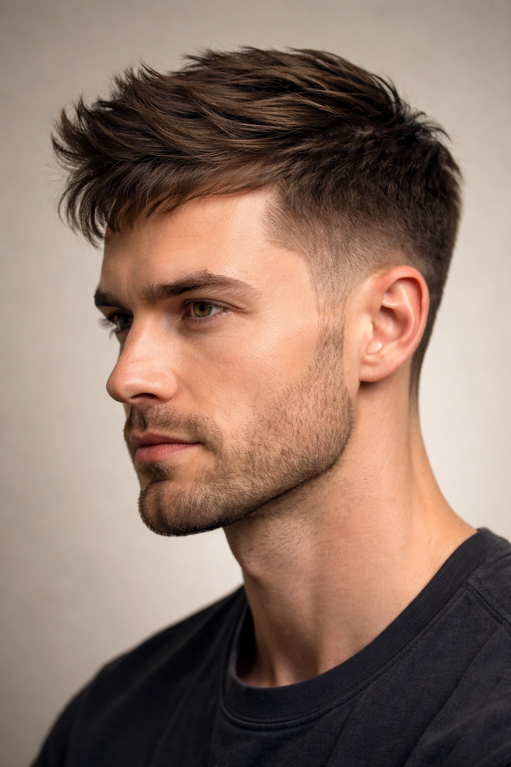 Profile of a man with textured fringe and side-part showing balanced look