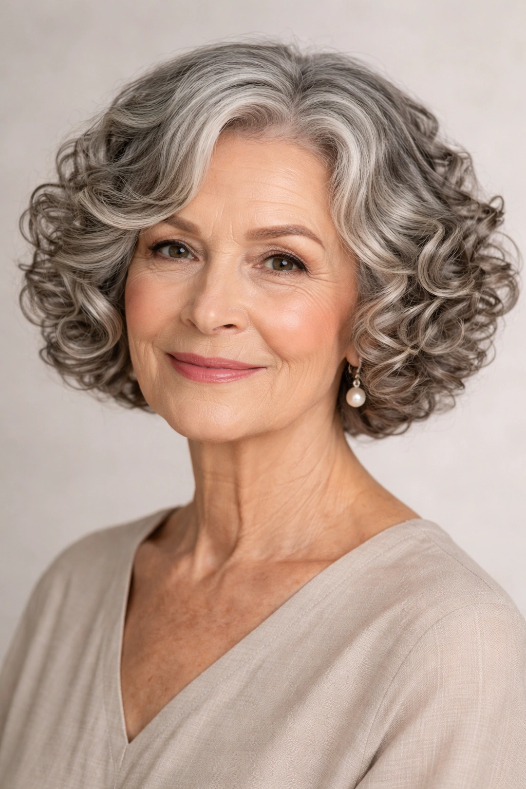 Mature woman with chin-length bob and defined ringlets