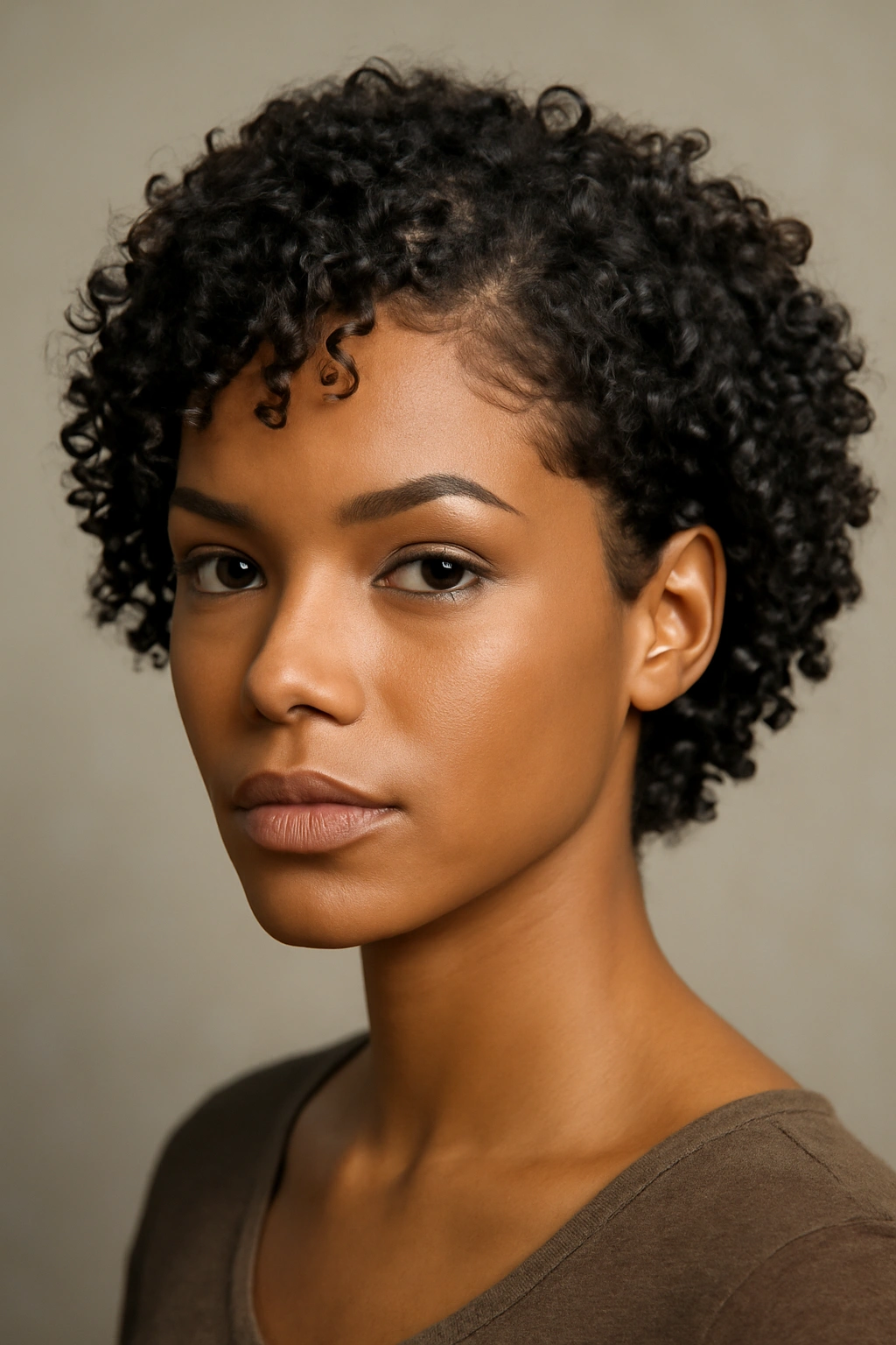 Portrait of a woman with ringlet curls and sculpted edges