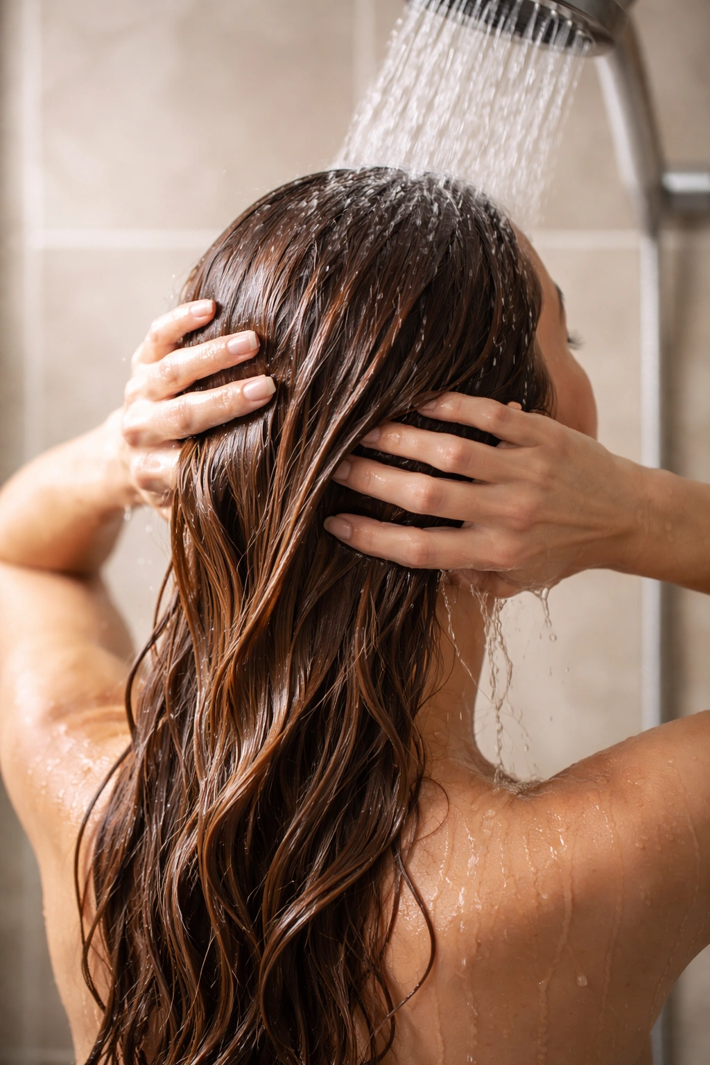 Close-up of hair being rinsed with lukewarm water to seal color