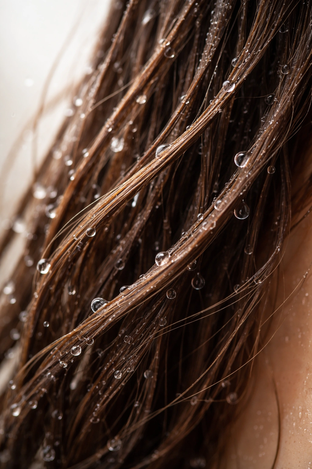 Close-up of wet hair strands with light droplets on the surface