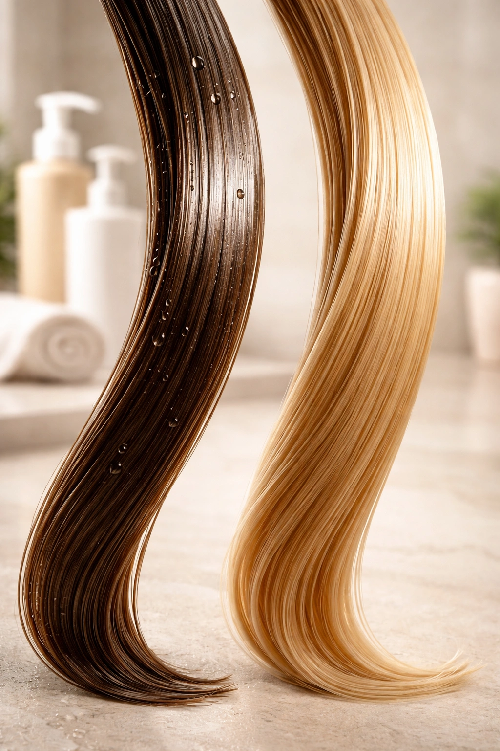 Hair strand showing two textures showing rinse-out and leave-in finishes