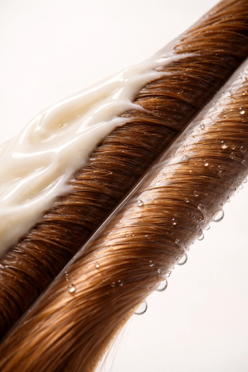 Hair strand cross-section showing heavy rinse-out coating vs. lightweight leave-in film