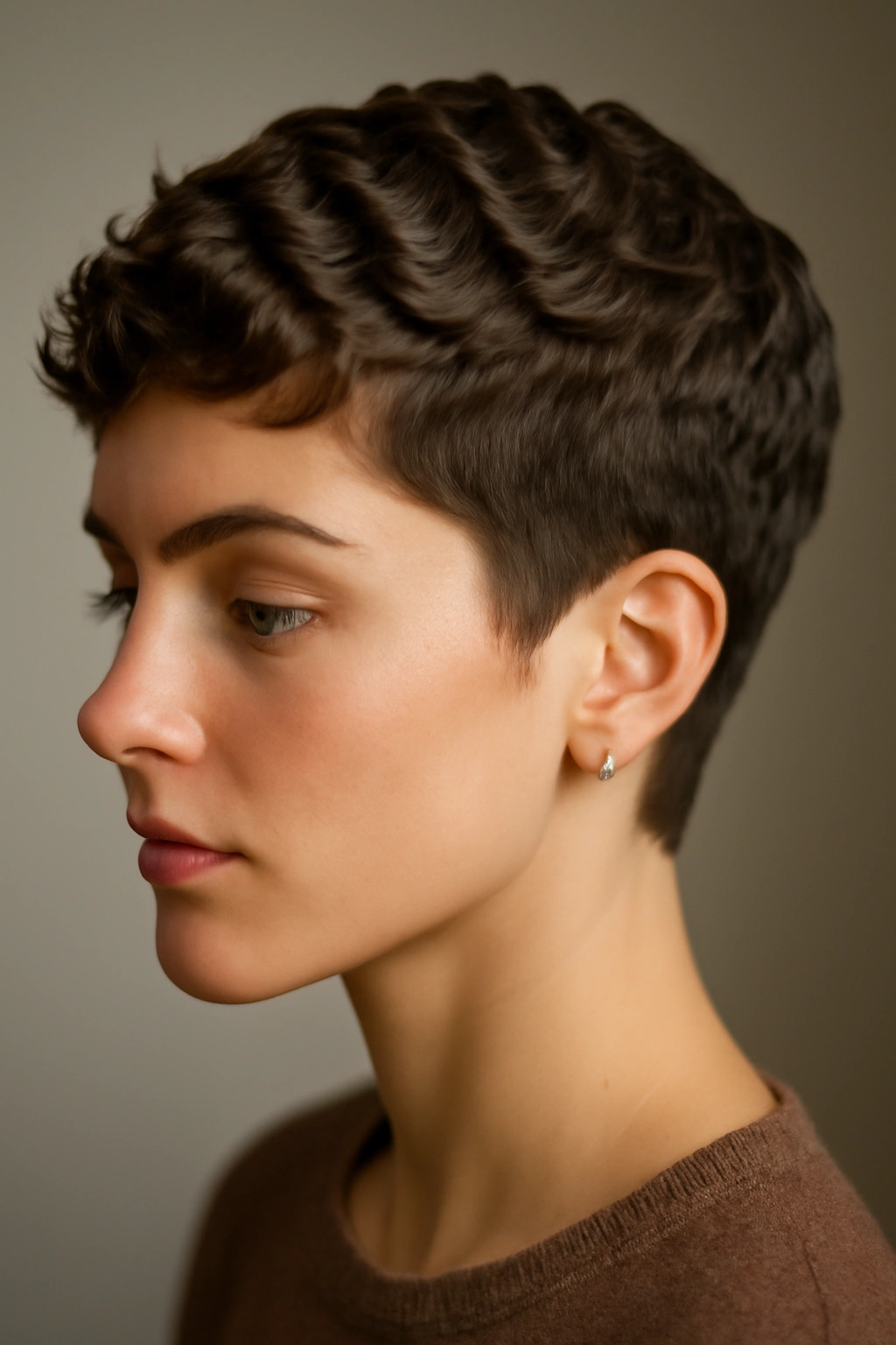 12 Wavy Pixie Styles Perfect for Wash and Go 4 Close-up of The Ripple-Wave Pixie with horizontal ripple waves across the cut