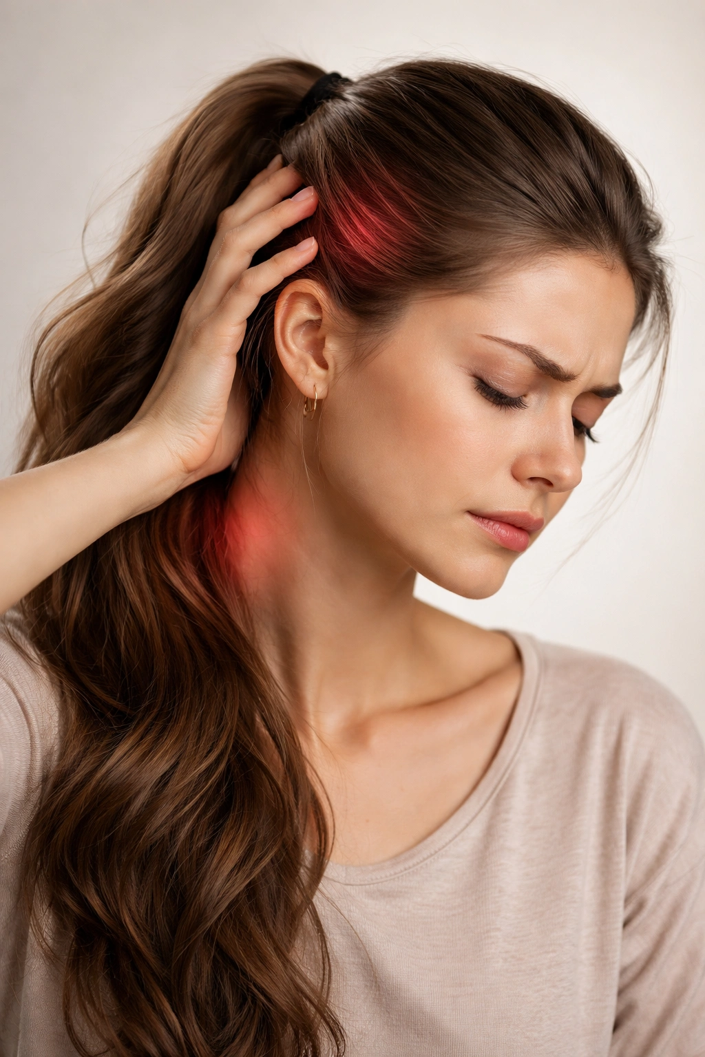 Portrait of a person with long hair highlighting risk factors for headaches
