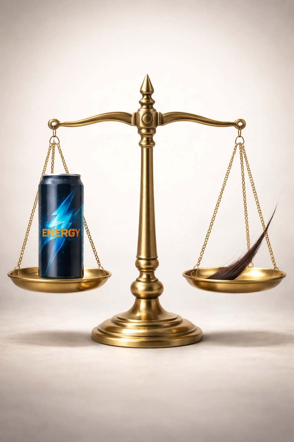 Balance scale showing energy drink versus hair strand to illustrate risk vs reward.