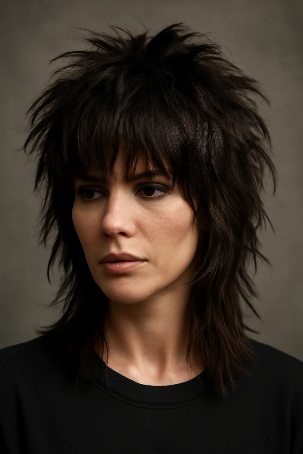 10 Messy Medium Shags You Can Air Dry Easily 5 Front view of a person with sharp, disjointed rock-and-roll shag texture