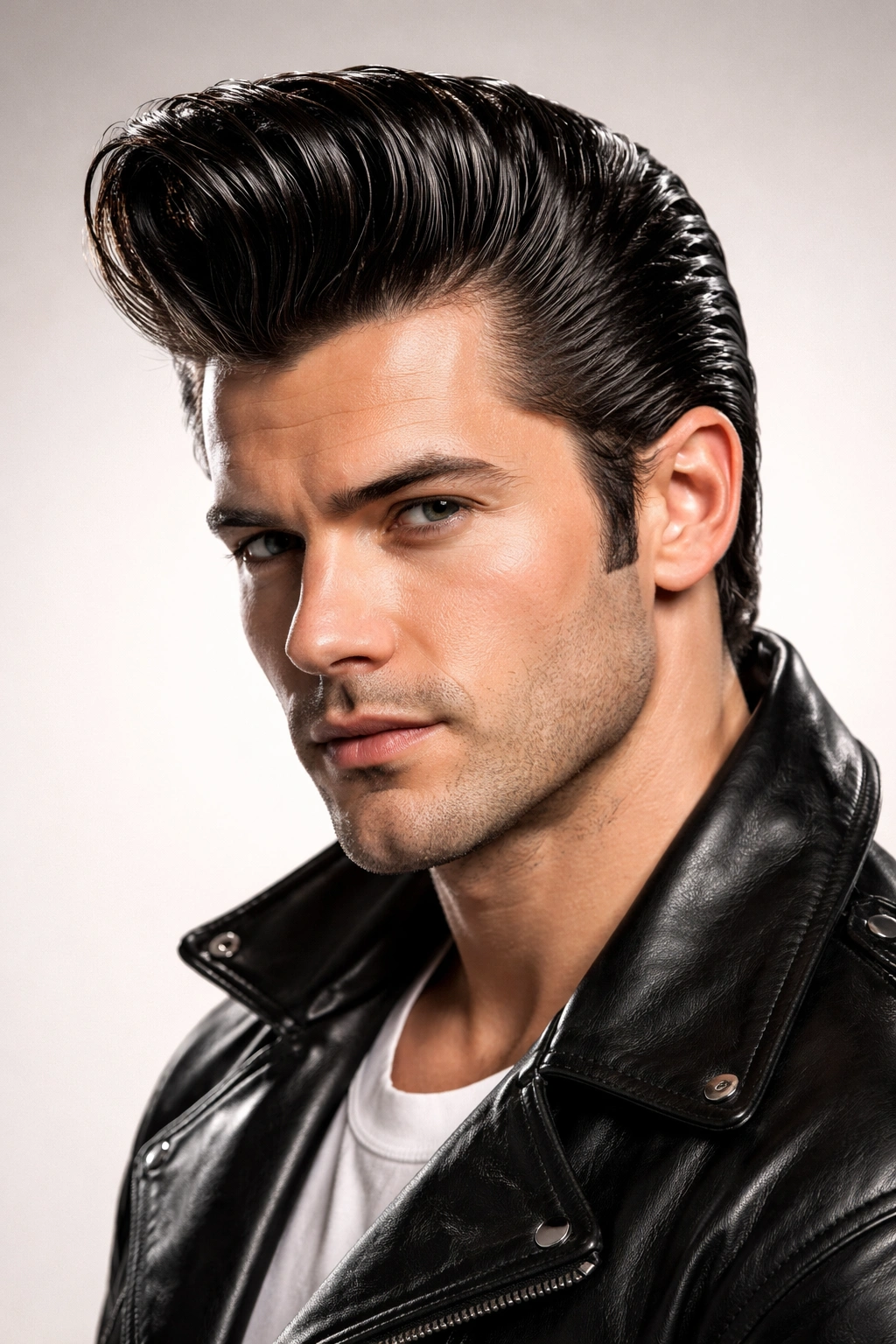 Elvis-inspired rockabilly pompadour with dramatic crest and glossy finish.