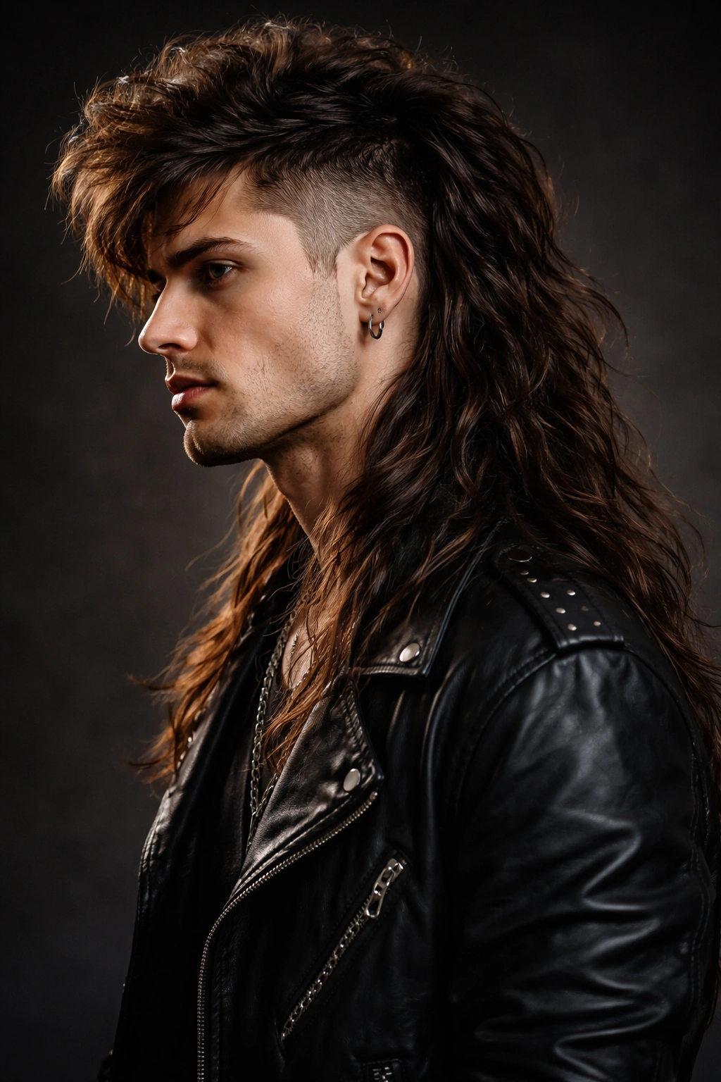 Portrait of The Rocker's Long Mullet with dramatic volume on top and long back