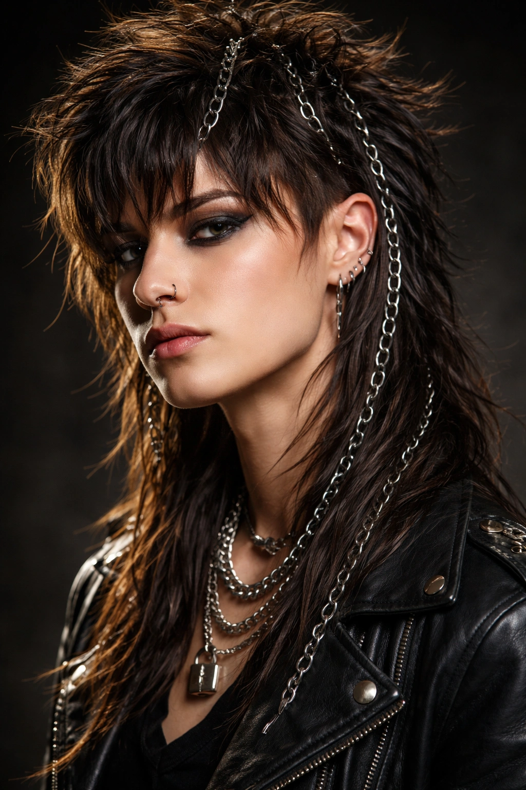 Rocker mullet shag with chains and bold texture
