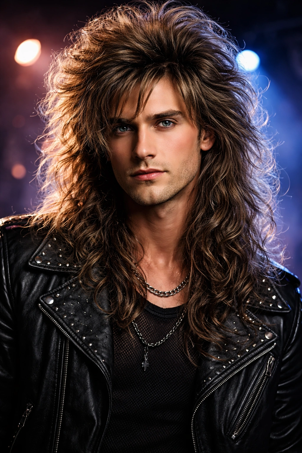 Close-up of a person with shoulder-length voluminous rocker waves hairstyle, 1980s metal vibe