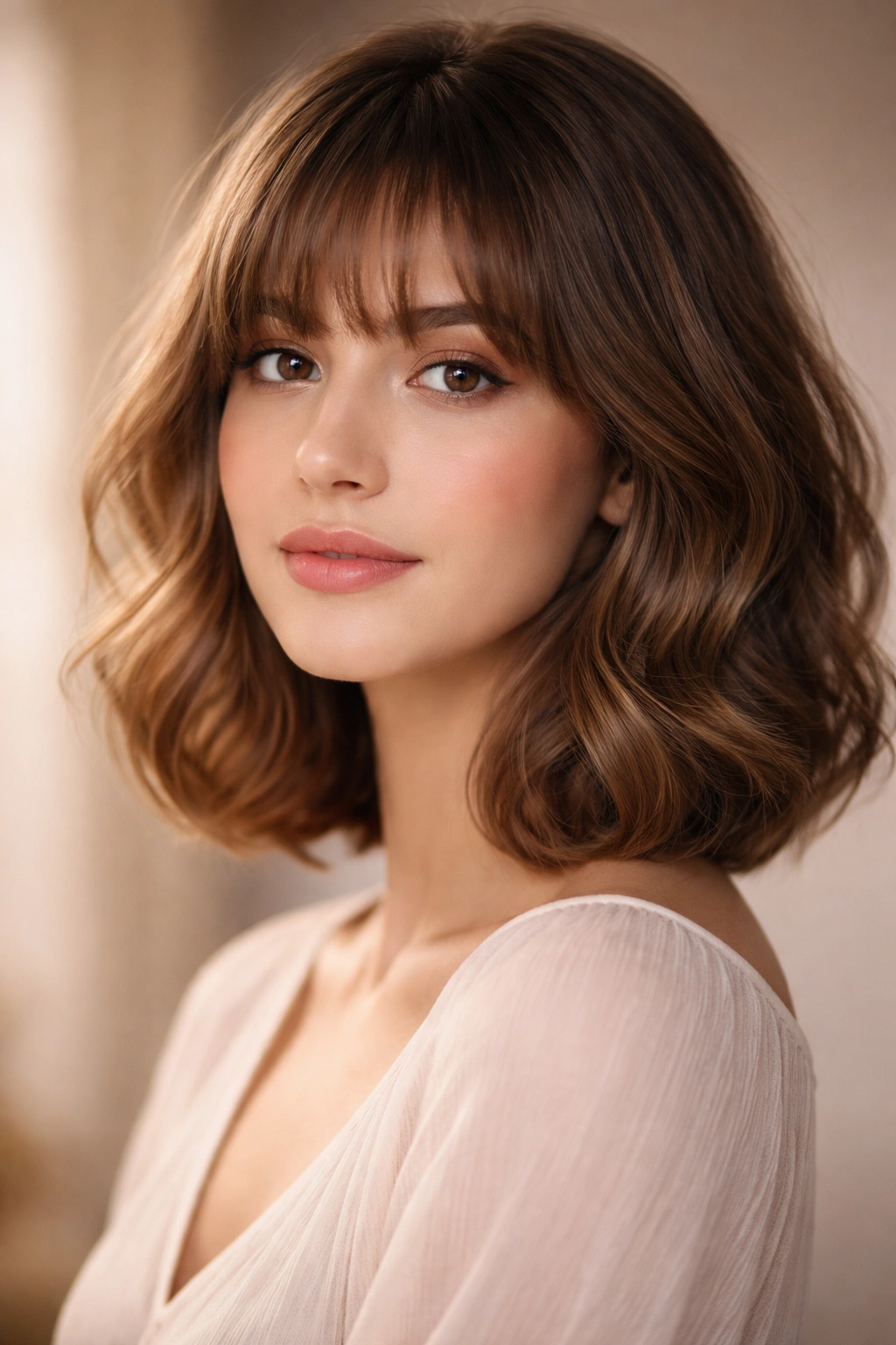 Portrait of an oval-faced model with a romantic bob and soft curved bangs