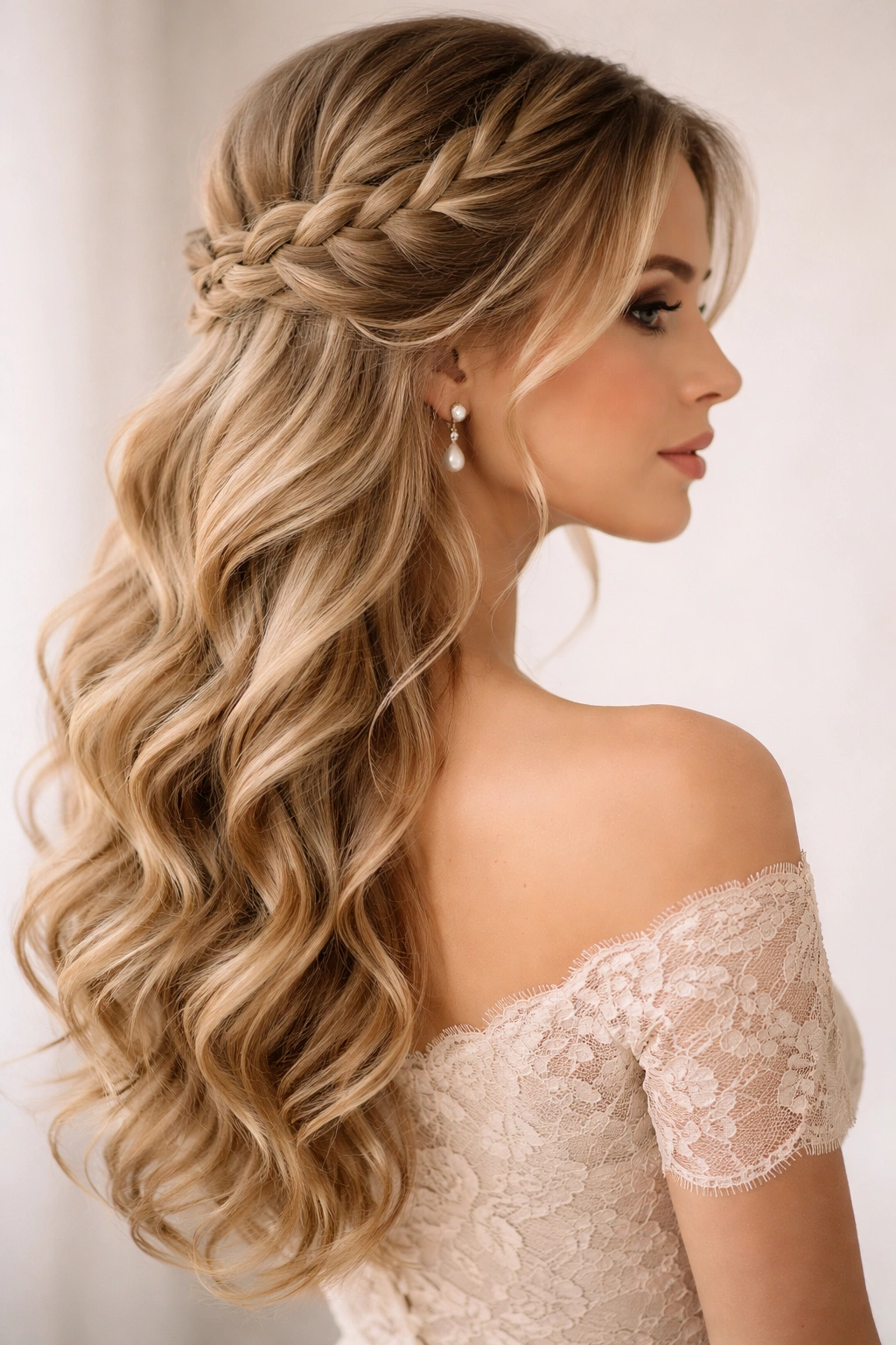 Romantic side braid with loose curls cascading over shoulder