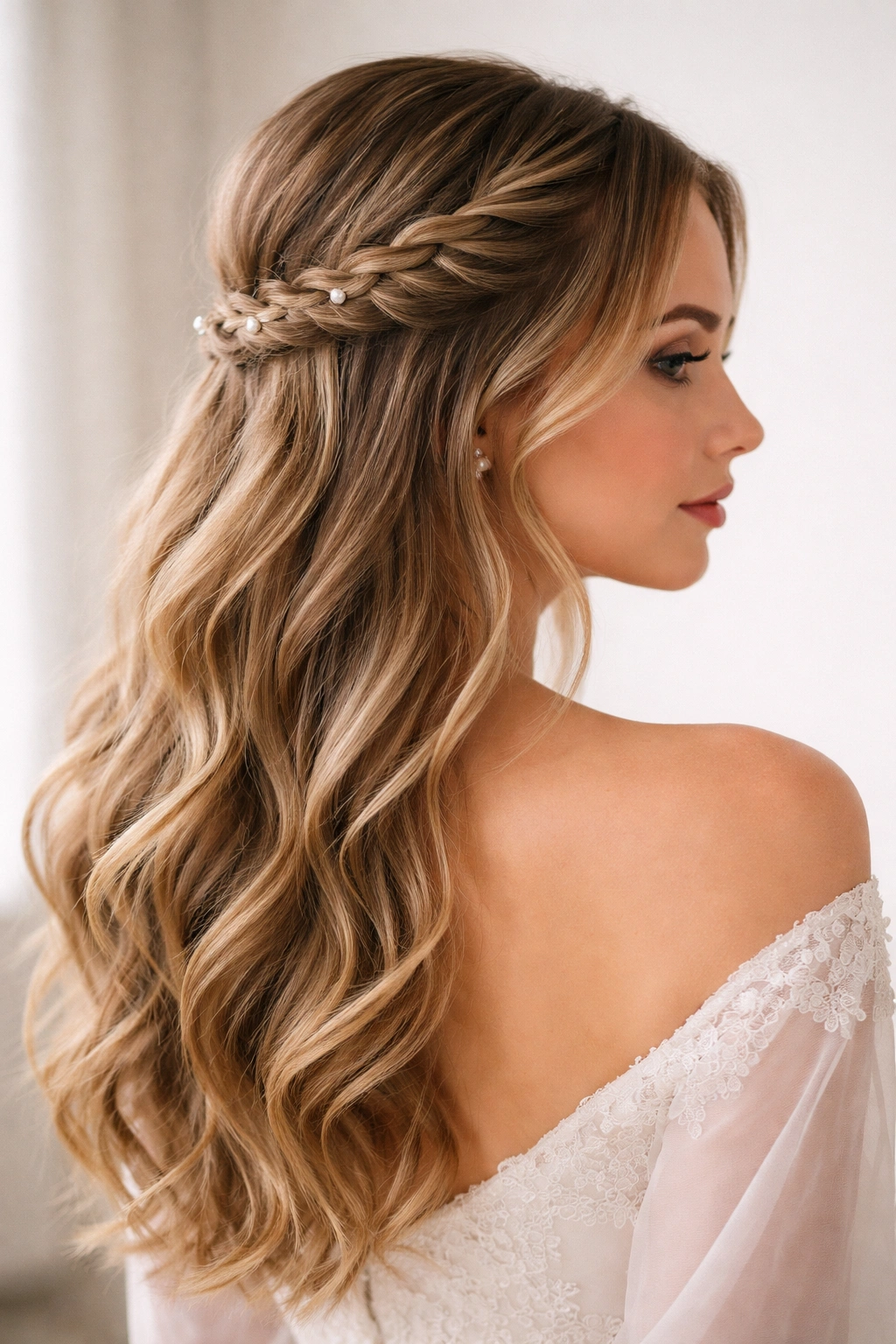Romantic braided half-up with loose waves cascading down