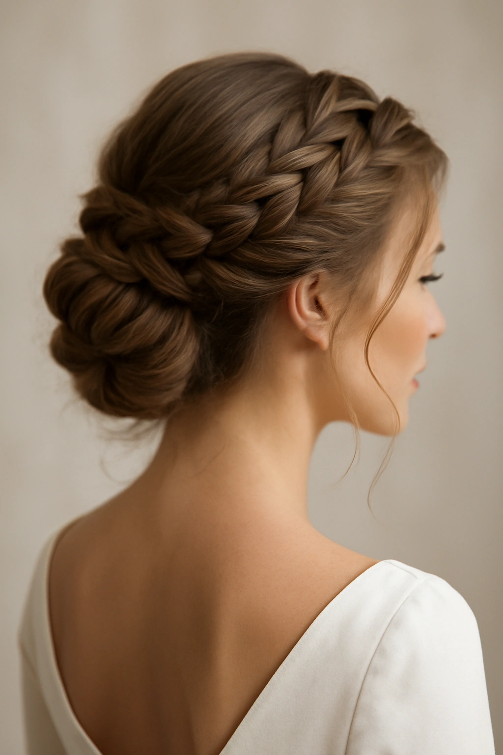 18 Wedding Styles From Polished Updos to Soft Waves 14 Close-up of a romantic braided updo with interwoven braids and loose waves