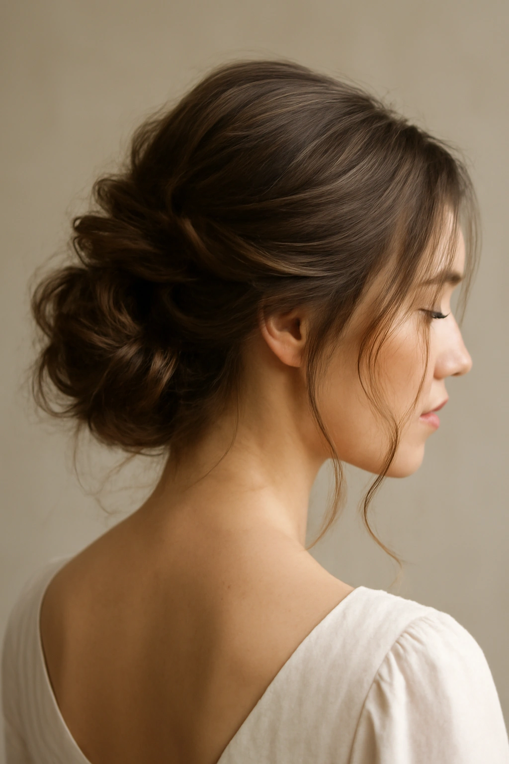 8 Soft and Romantic Updos Perfect for Your Wedding 9 Close-up of soft romantic bridal updo with texture and movement