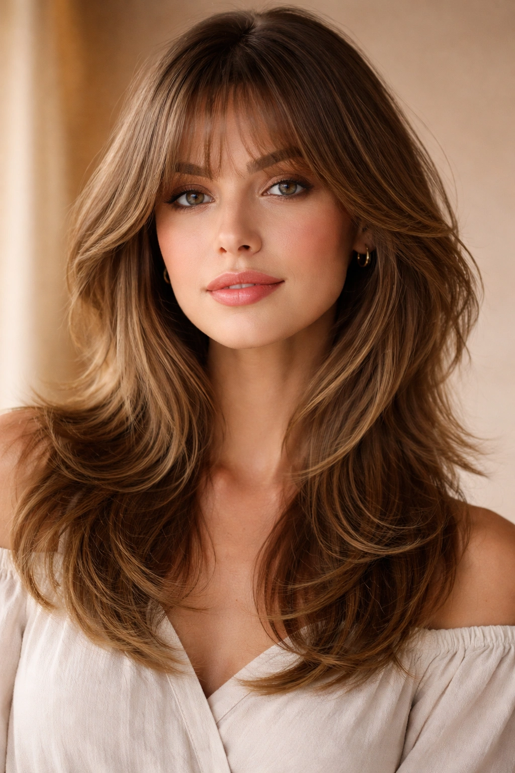 Portrait of a person with romantic butterfly haircut and soft feathered bangs integrated into layers.