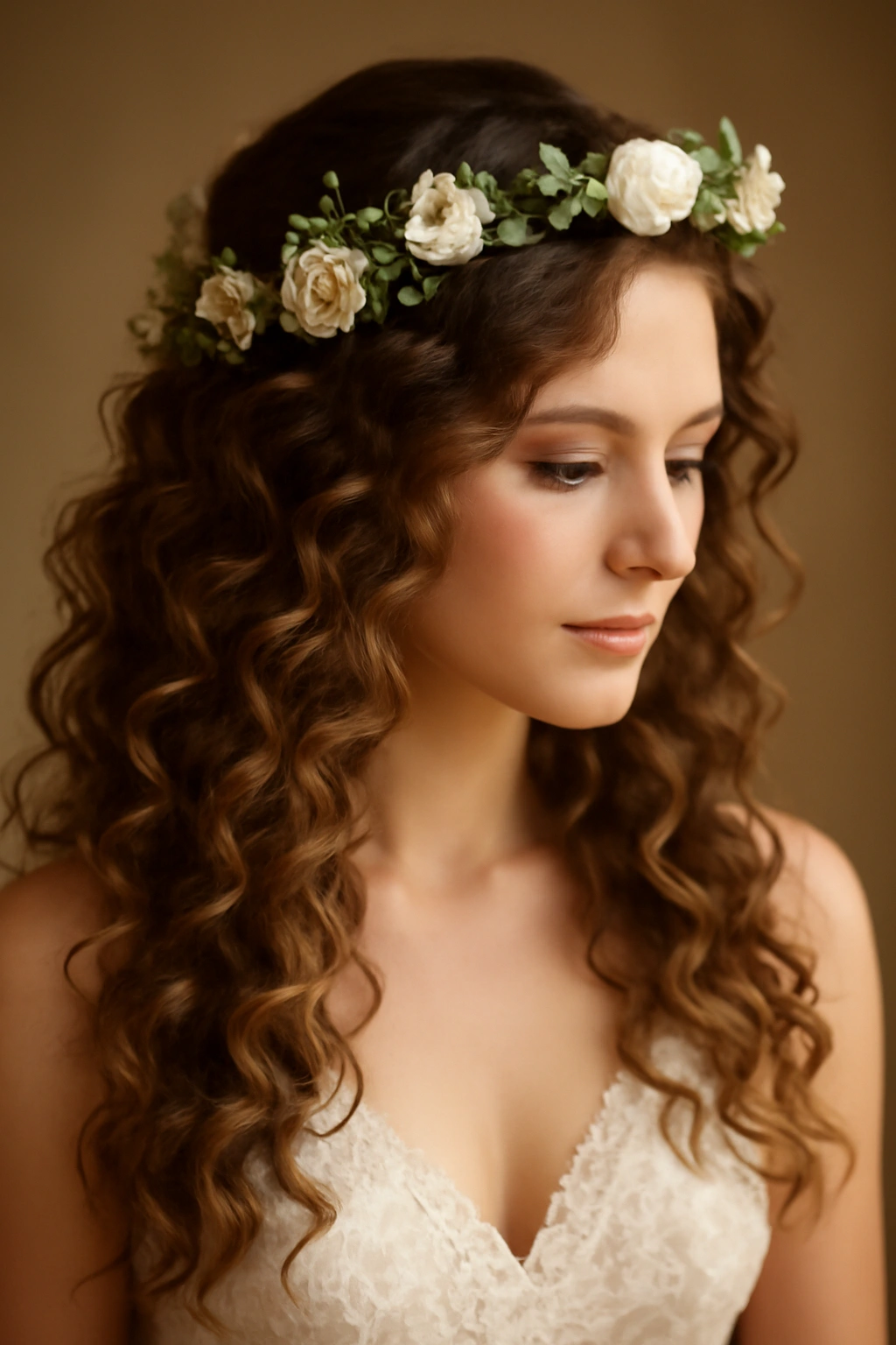Romantic curls with a delicate flower crown for bridal photography