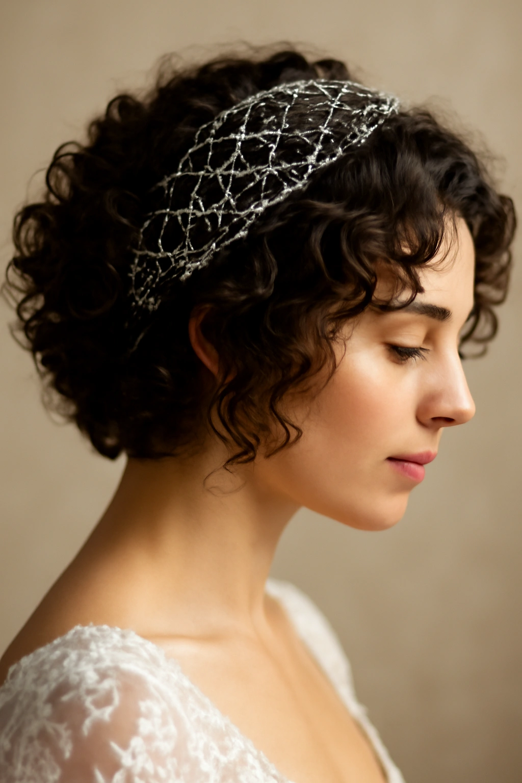 15 Wedding Hairstyles That Look Great on Short Hair 6 Romantic curls with a decorative hairnet placed over the crown