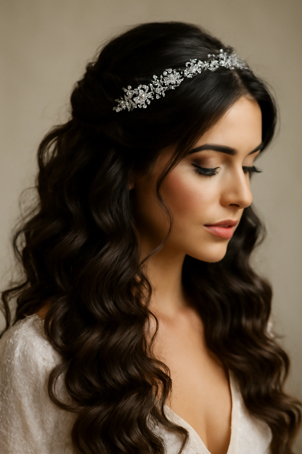 12 Beautiful Hairstyles for Arab Women to Try 5 Romantic curls with decorative headpiece cascading over shoulders