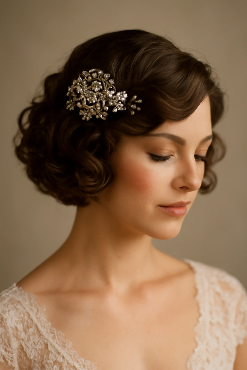 18 Wedding Hairstyles That Look Amazing on Short Hair 10 Short curls with a vintage jeweled hairpiece on one side
