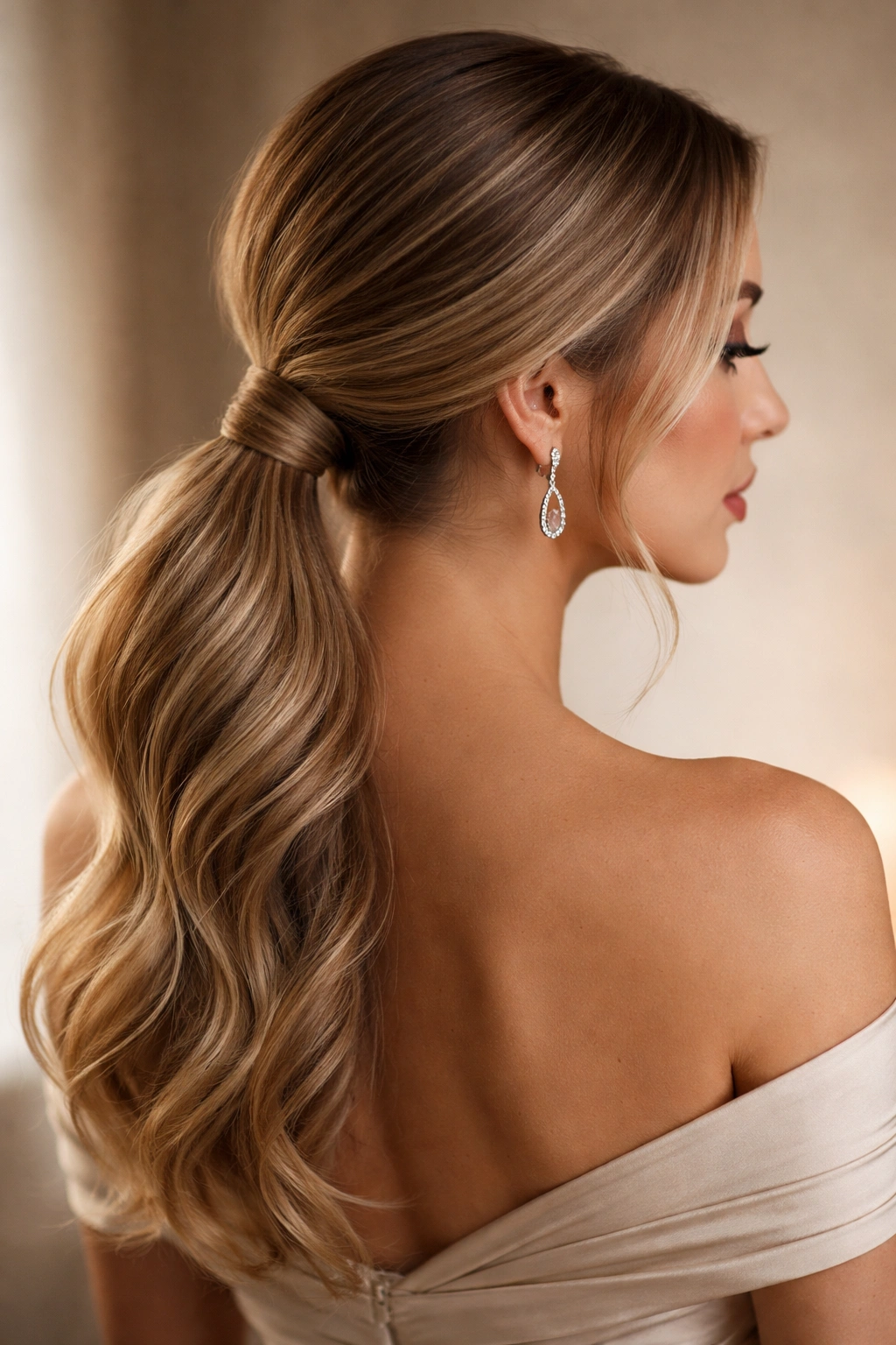 Close-up of romantic low ponytail with off-center part and wrapped elastic