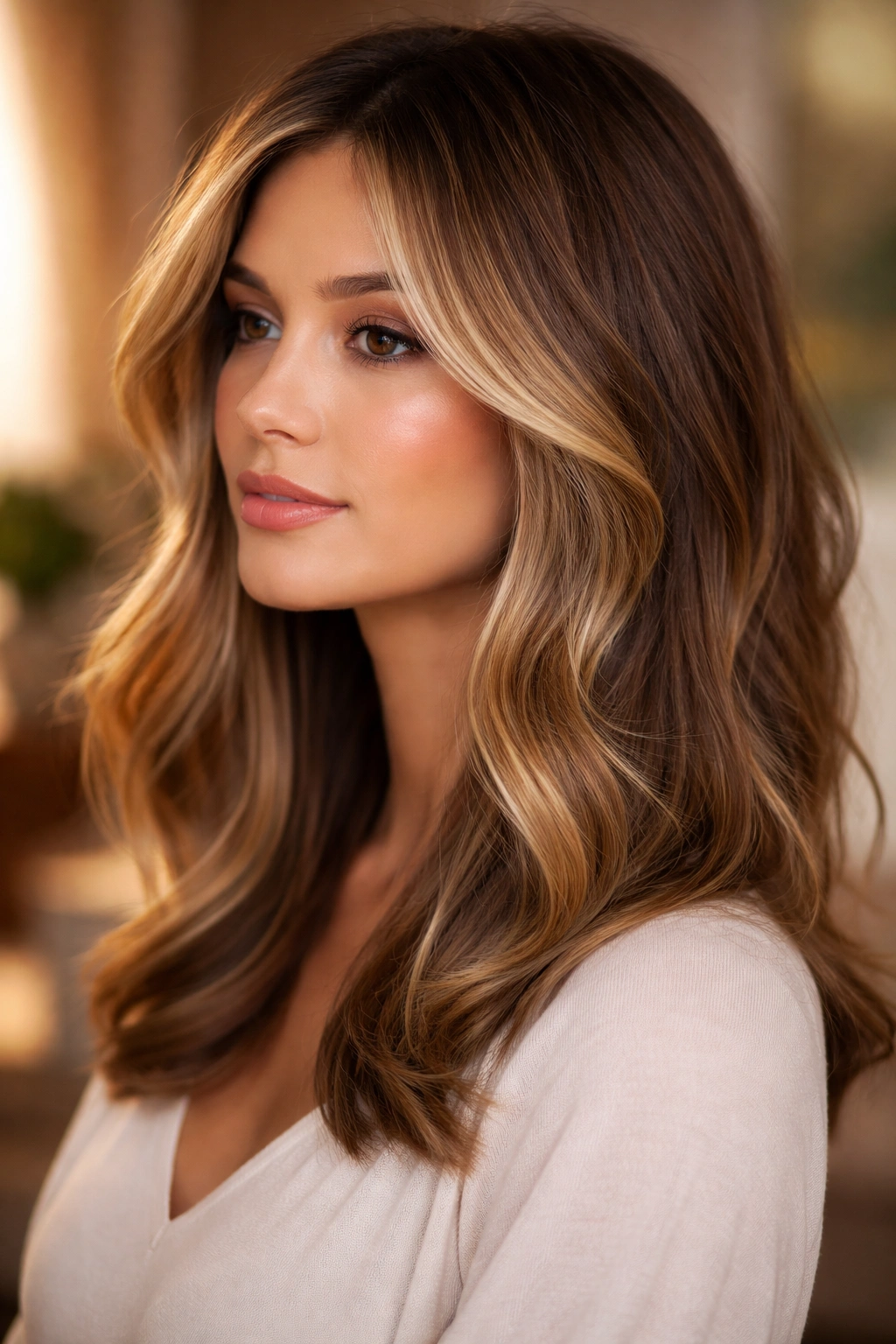 Romantic mid-length hair with face-framing balayage lights