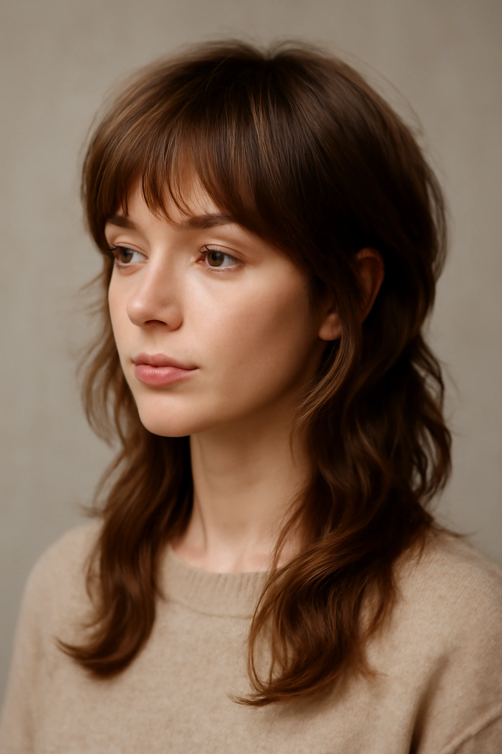 Portrait of a model with a soft, textured front and long wavy back mullet, studio lighting.