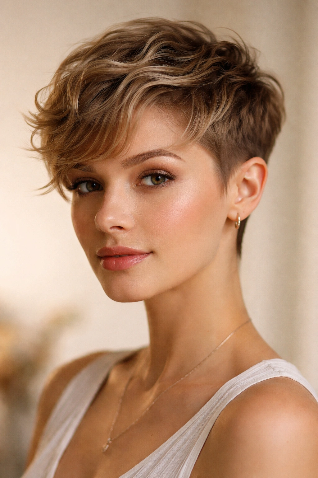 10 Wavy Pixie Cuts That Look Totally Effortless 2 Close-up of Romantic Tousled Pixie Fade with soft waves and face-framing silhouette