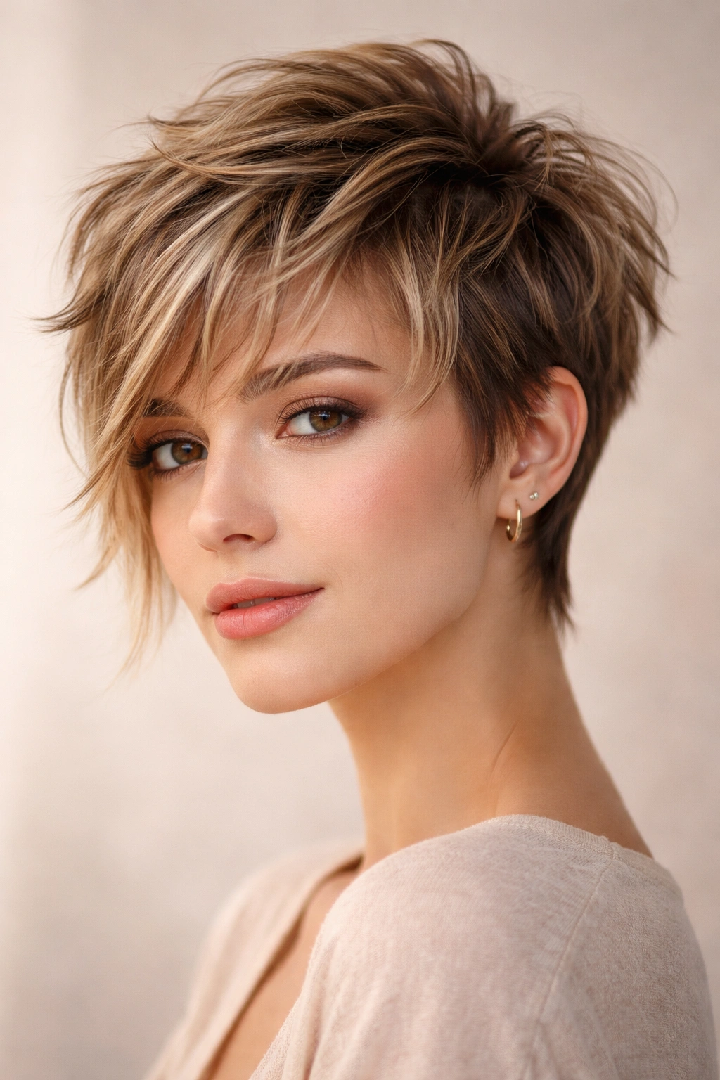 Three-quarter portrait of a romantic choppy pixie with longer face-framing pieces.