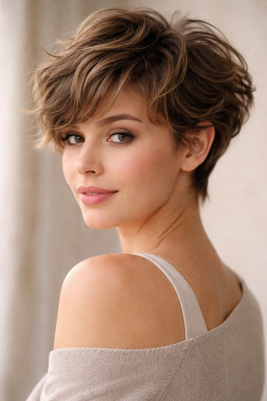 10 Longer Pixie Cuts With A Soft Feminine Feel 8 Model with romantic wavy pixie hair in a soft studio setting