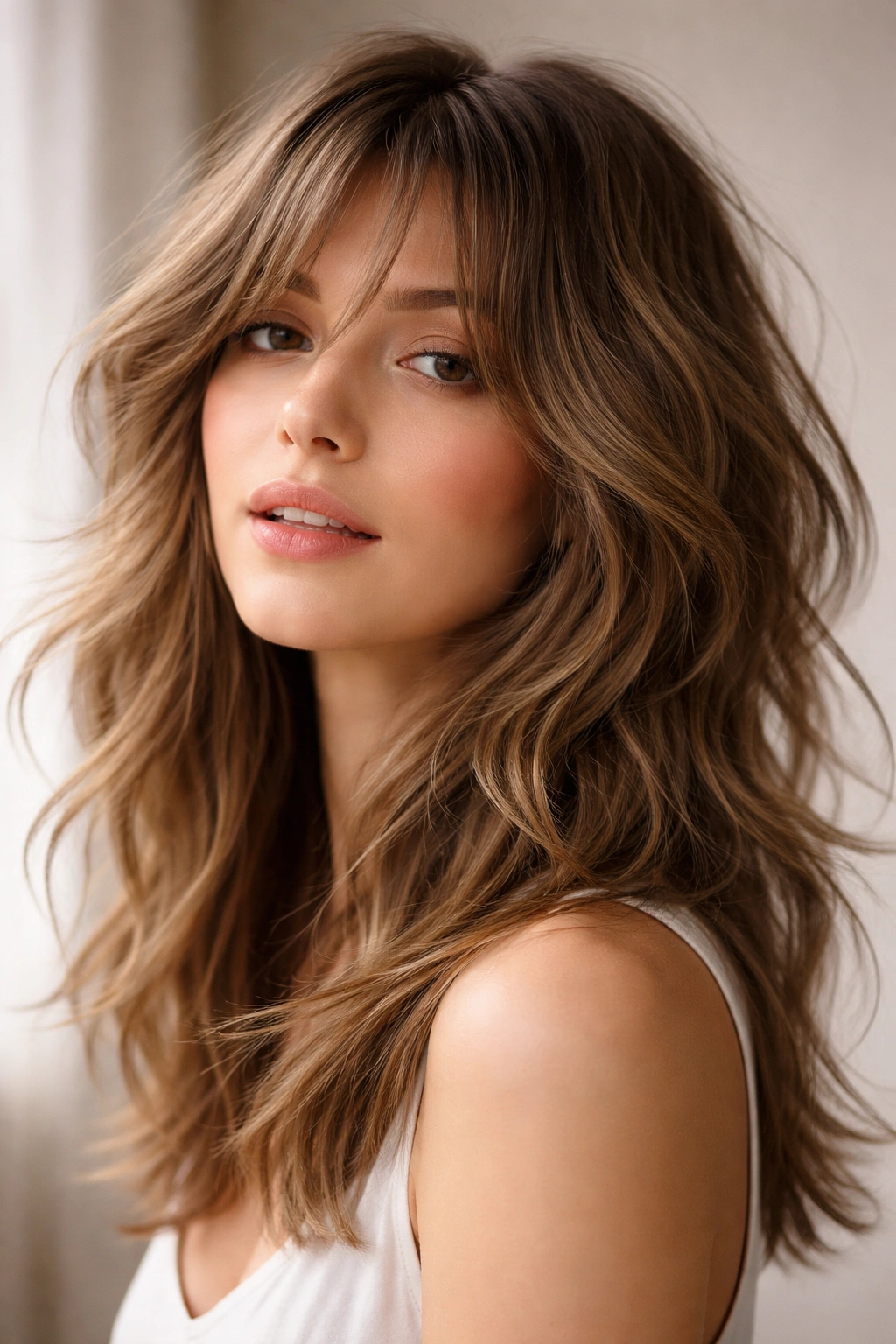18 Medium Shaggy Cuts With Built In Movement 13 Close-up of hair in a Tousled Romantic Shag with soft blended layers and flowing waves