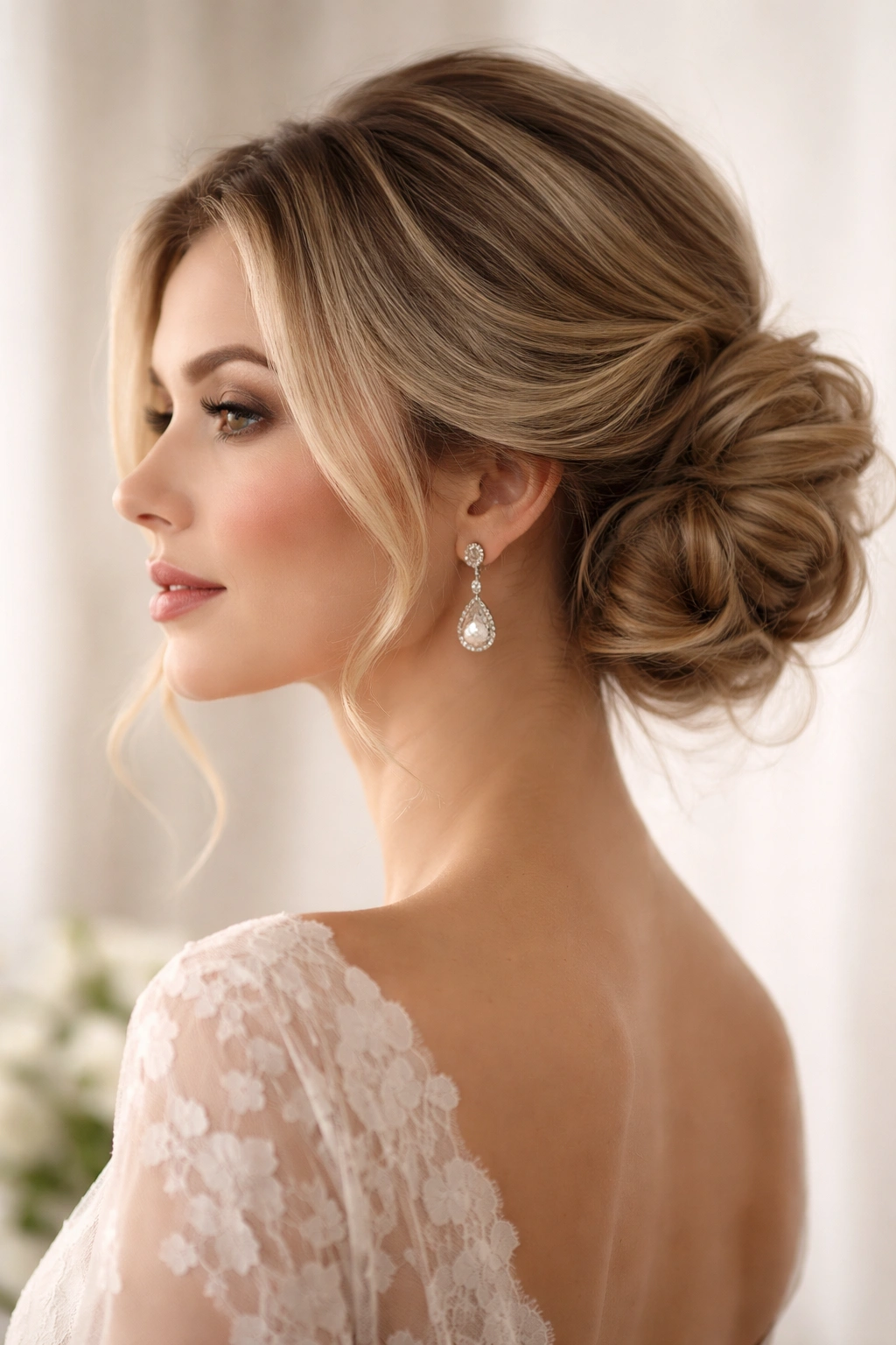 Profile view of a romantic side bun with textured, soft styling.