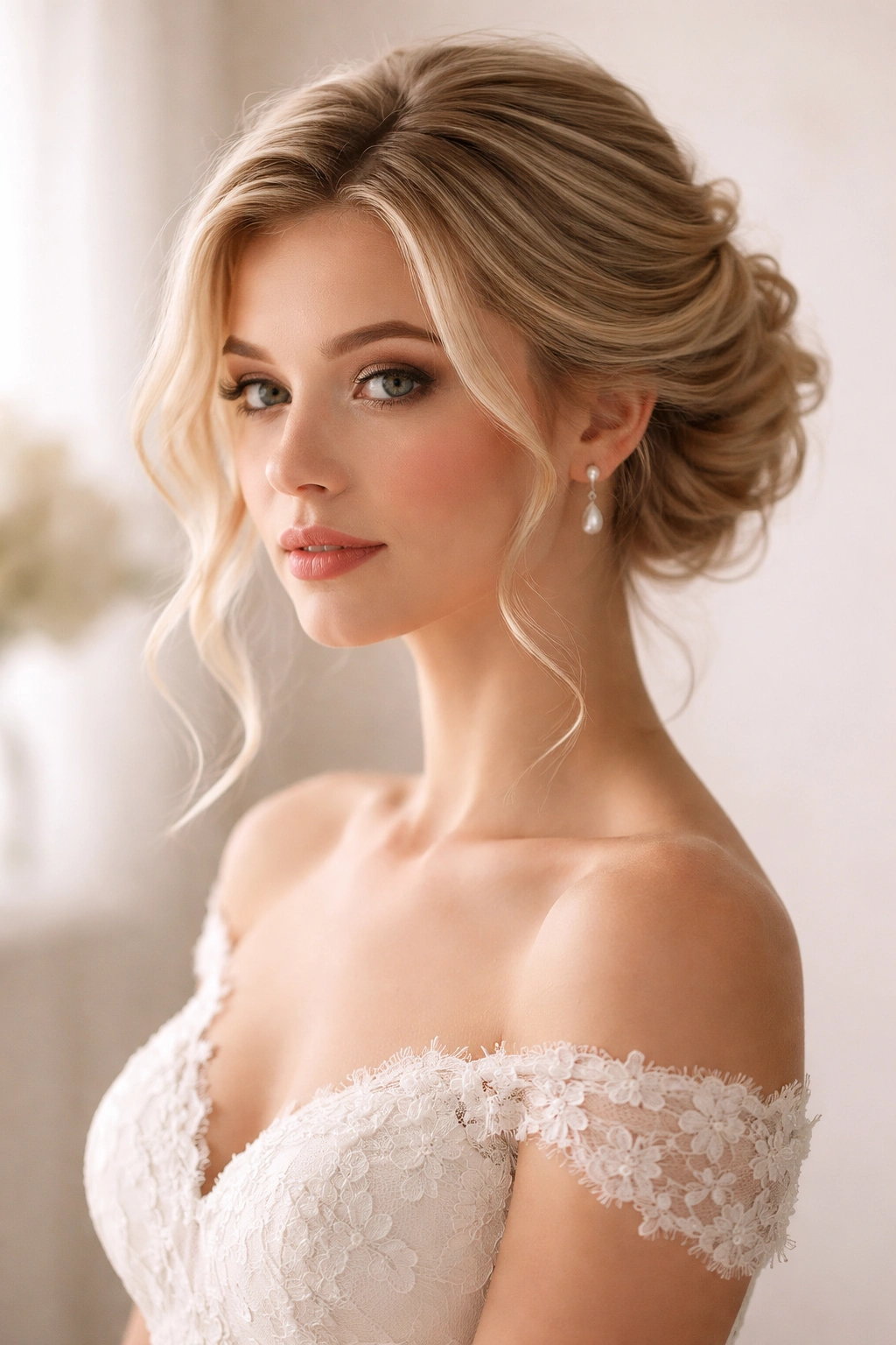 Romantic swept-back hairstyle on short hair with soft waves and tendrils