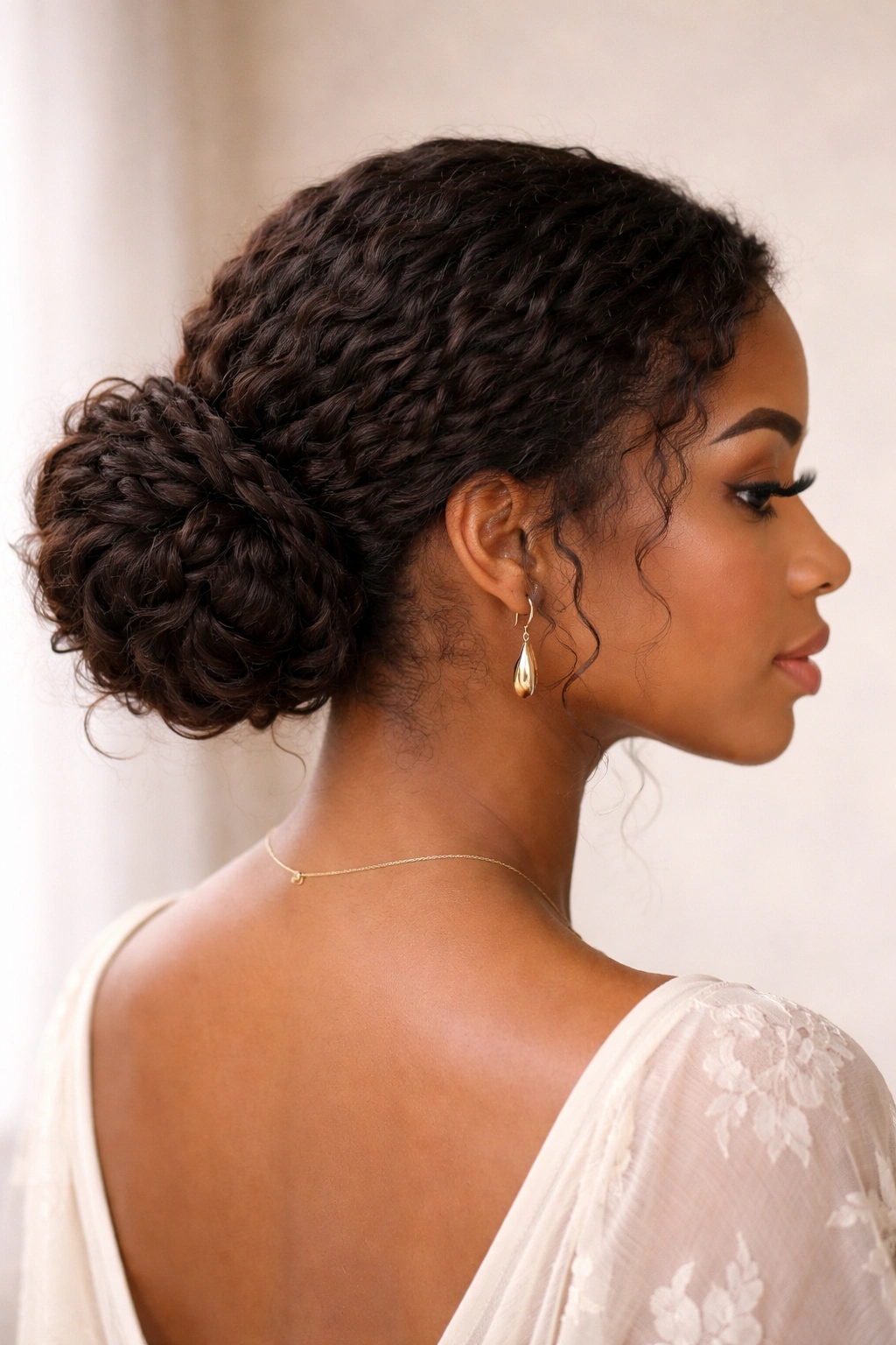 Nape-level bun with visible texture from loose twists, soft and feminine