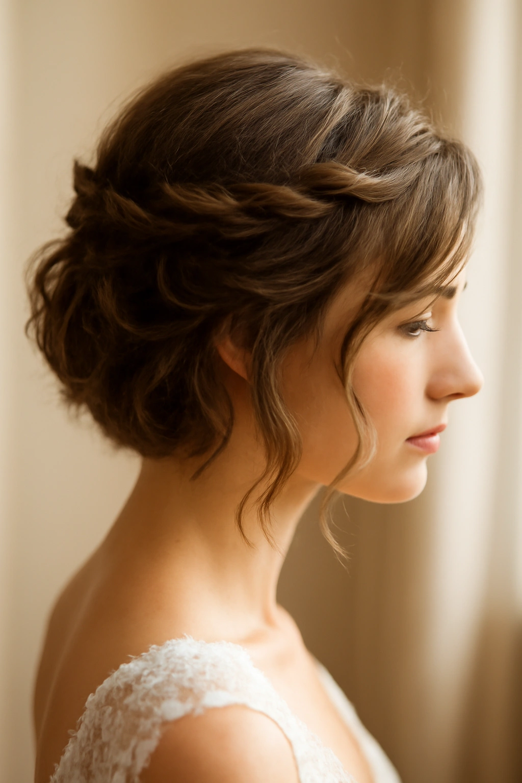 15 Wedding Hairstyles That Look Great on Short Hair 9 Romantic twisted crown with flyaway softness on short hair.