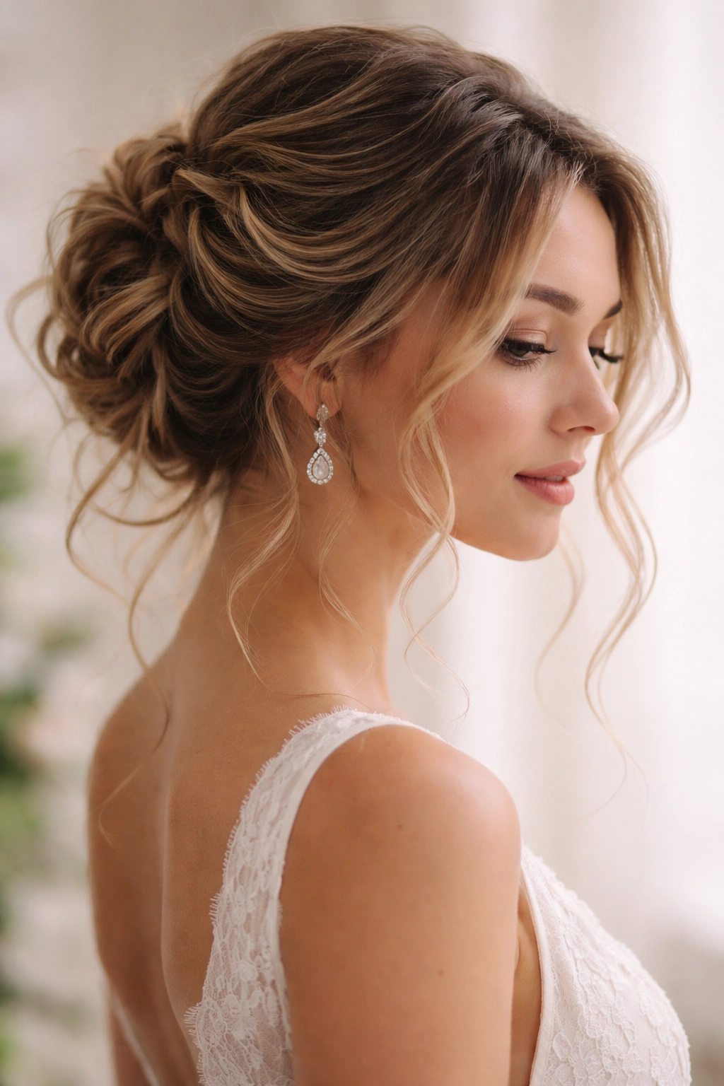 Updo with loose tendrils framing the face