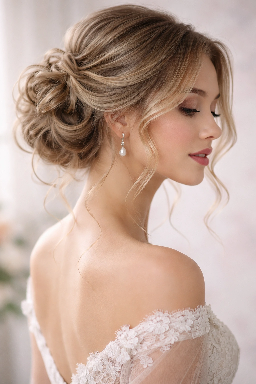 Romantic updo with loose tendrils framing the face