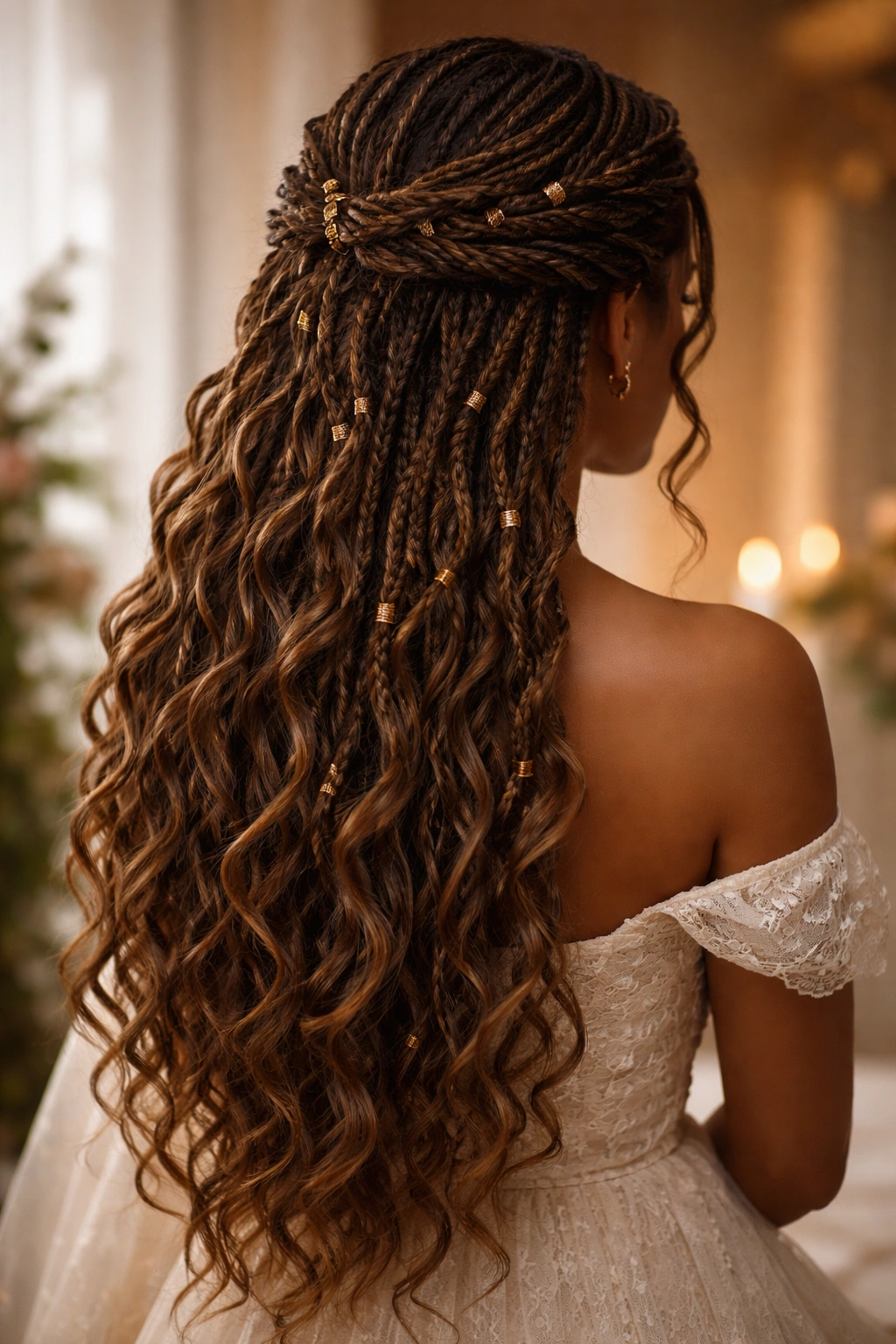 Back view of Romantic Waterfall Goddess Locs with cascading flowing locs arranged like a waterfall