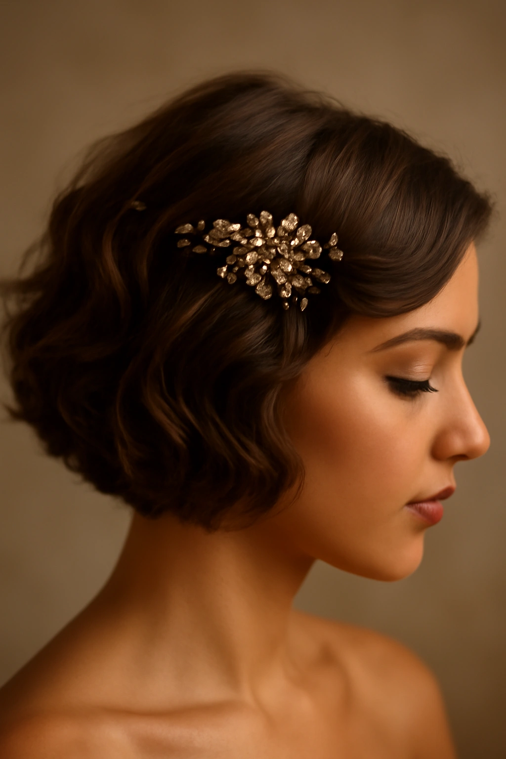 10 Beautiful Short Hairstyles for Indian Weddings 7 Close-up of soft romantic waves in short hair with a decorative hair comb