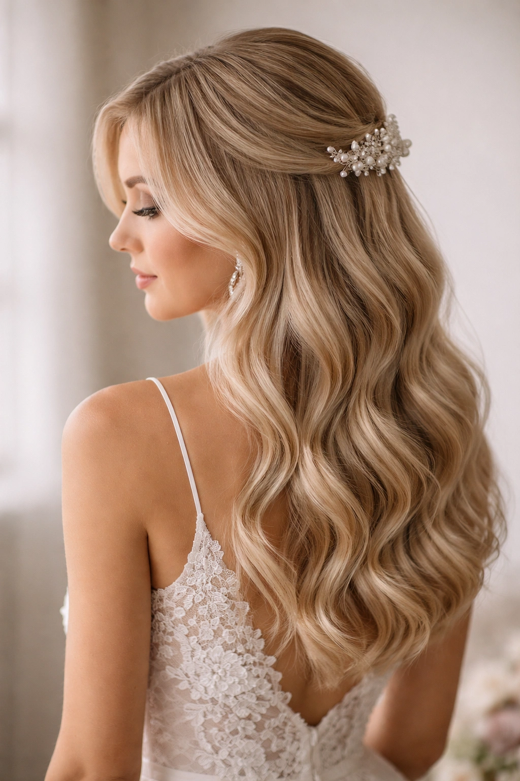 Close-up of bridal hair with soft loose waves on fine straight hair; natural light