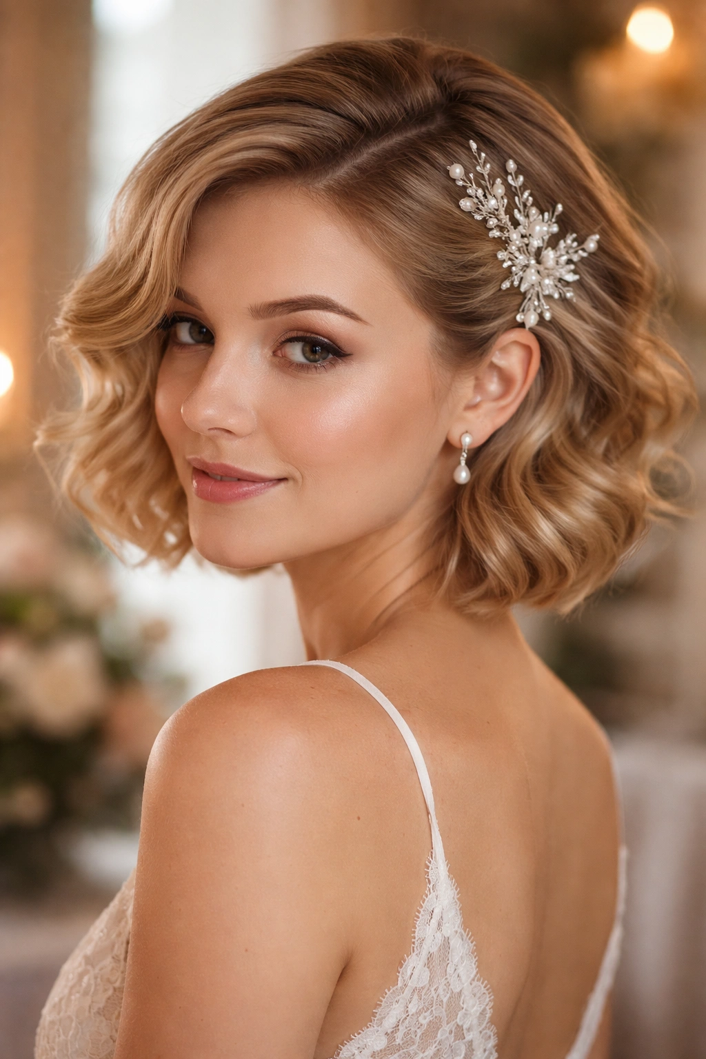 Short hair with romantic waves and a subtle hairpiece
