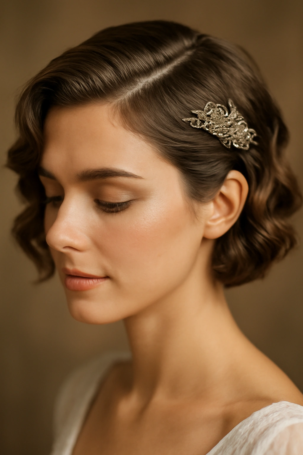 Getting Married With Short Hair? 10 Bridal Looks 5 Close-up of soft waves with a vintage comb tucked to the side.