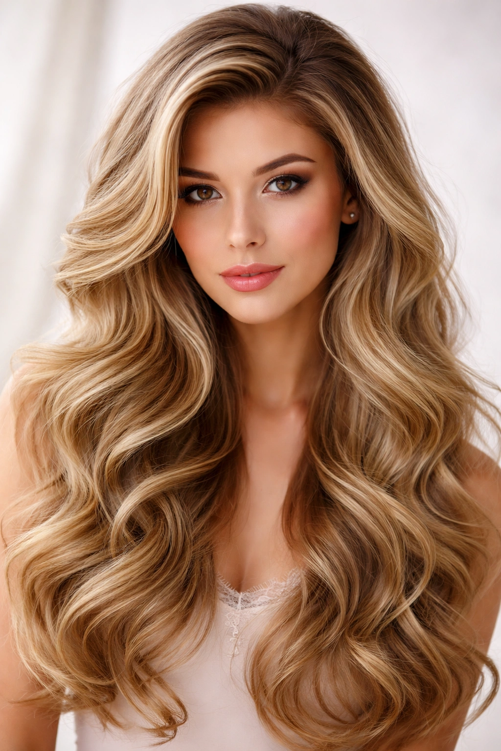 Romantic waves with volume in long hair and lifted roots