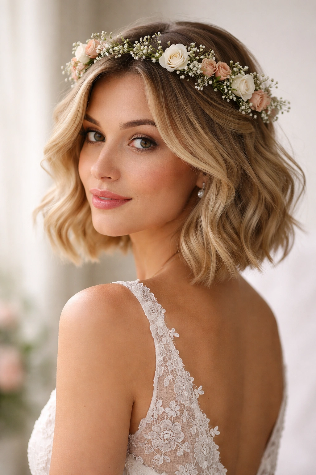 Romantic wavy bob with floral crown