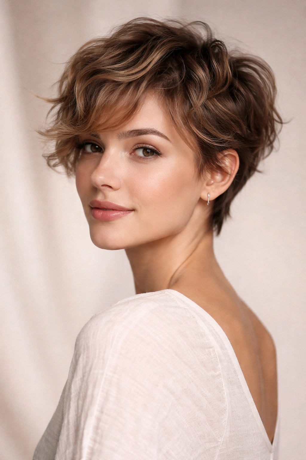 Romantic pixie hairstyle with long top and soft loose waves.