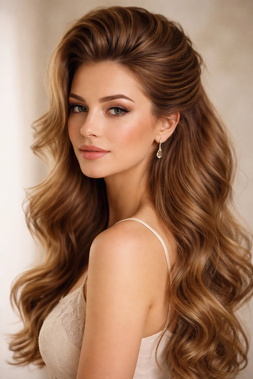 Long hair with soft waves forming a romantic pompadour on top